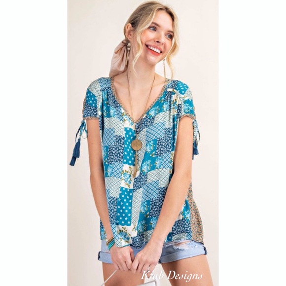 ❤️LAST 2! V Neck Teal Blue Mix Print Boho Crinkle Side Tie Top! - Picture 6 of 8
